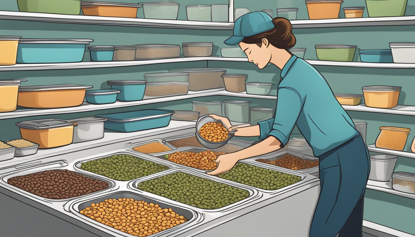 A person scooping cooked beans into airtight containers, sealing them, and placing them in the freezer