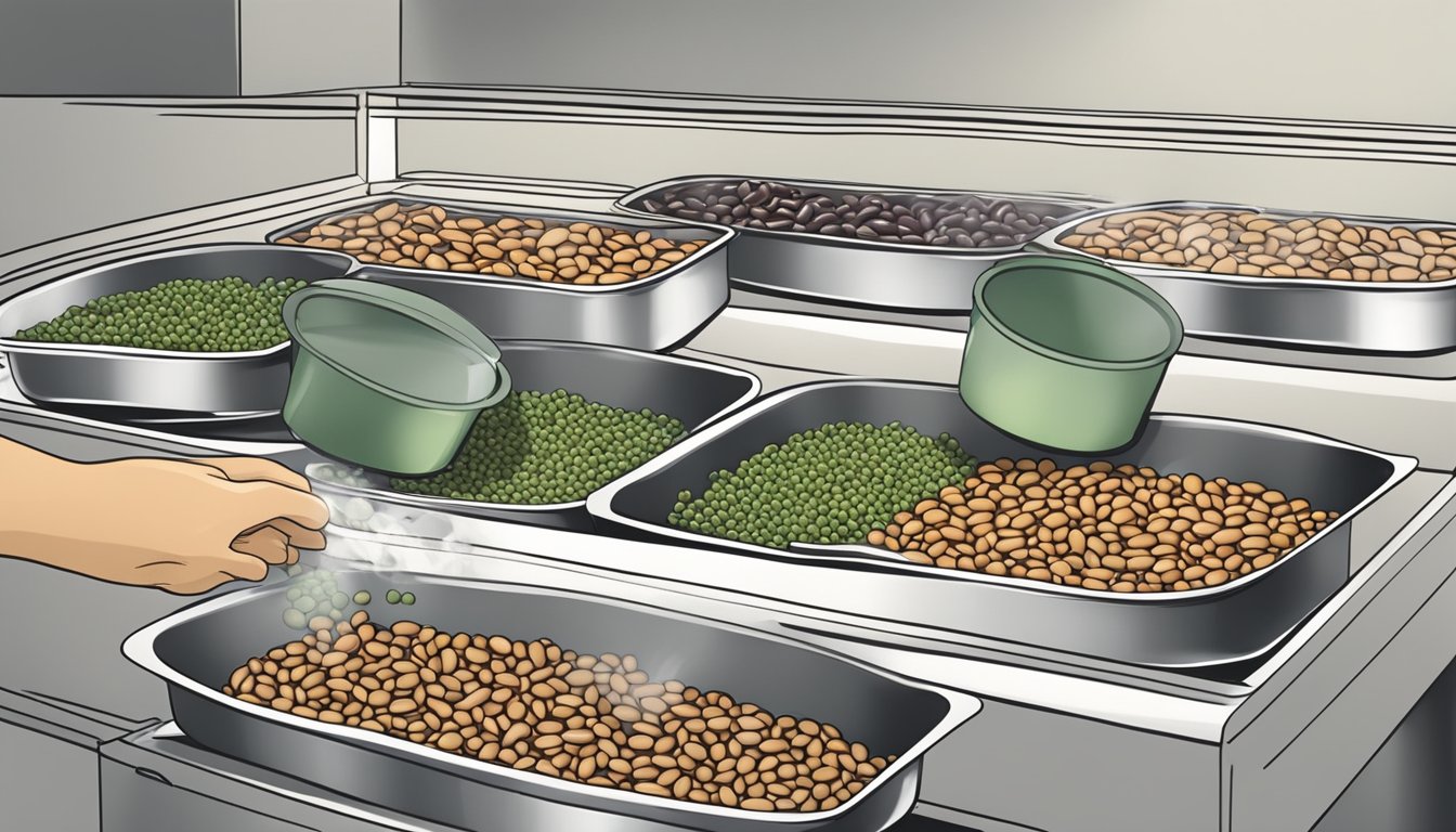 A pot of cooked beans being transferred into airtight containers and placed in the freezer