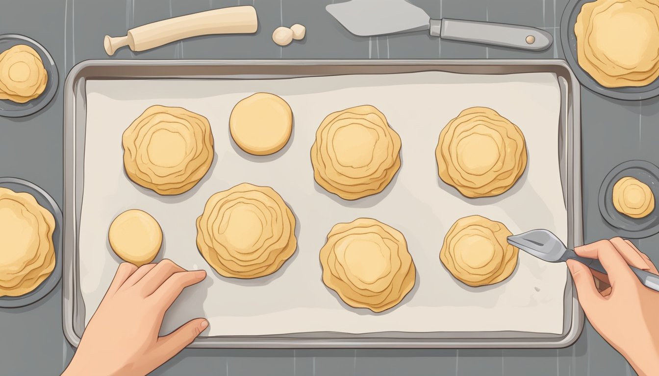 A hand rolling dough into different shapes and sizes, then placing them on a baking sheet lined with parchment paper before freezing