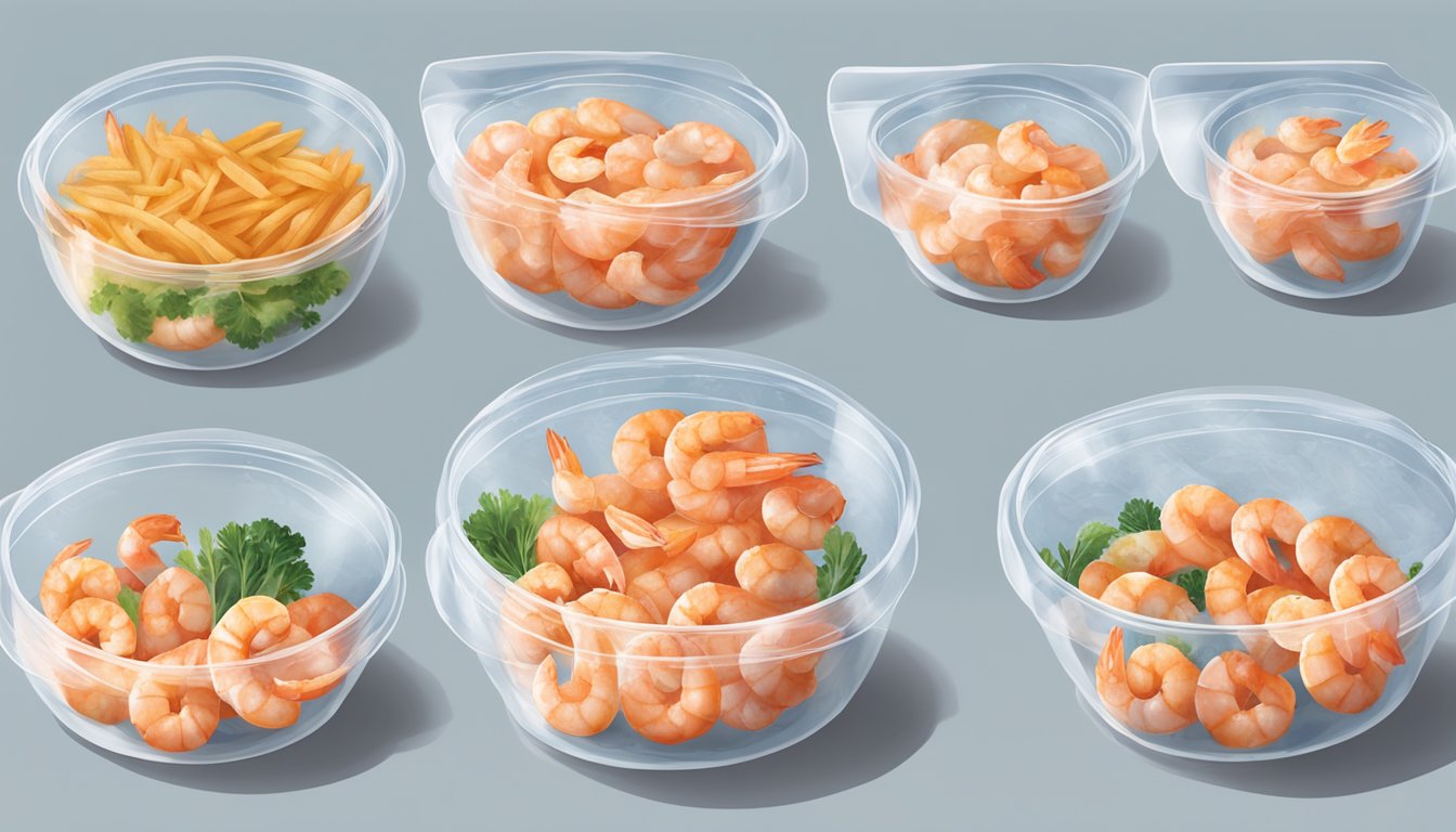 A bowl of cooked shrimp being placed into a resealable plastic bag, sealed, and then placed into a freezer