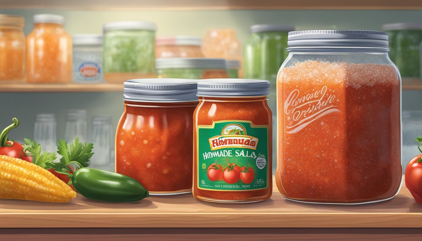 A jar of homemade salsa sits next to a store-bought jar in a freezer. Ice crystals form on the store-bought jar, while the homemade jar remains untouched, showcasing its lively flavors