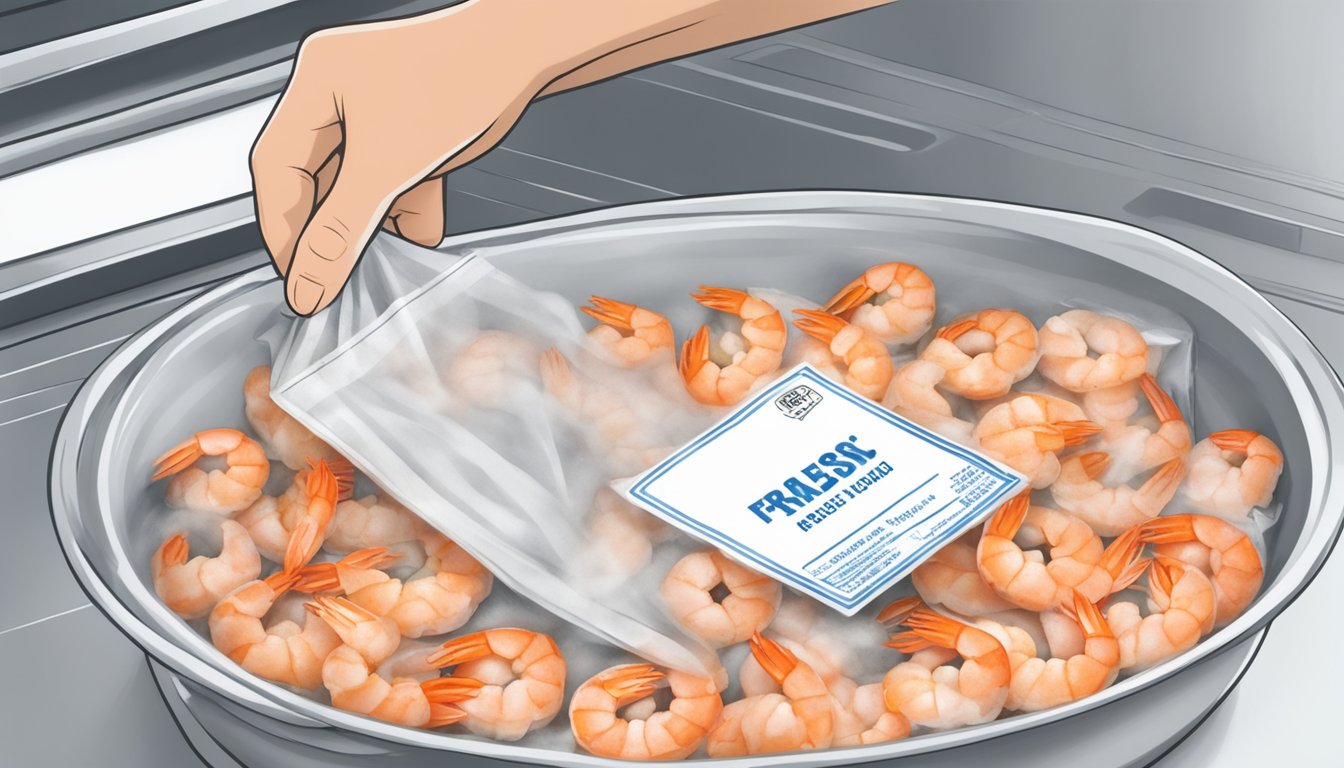 A plate of cooked shrimp being placed in a freezer bag and sealed, with a label indicating the date of freezing