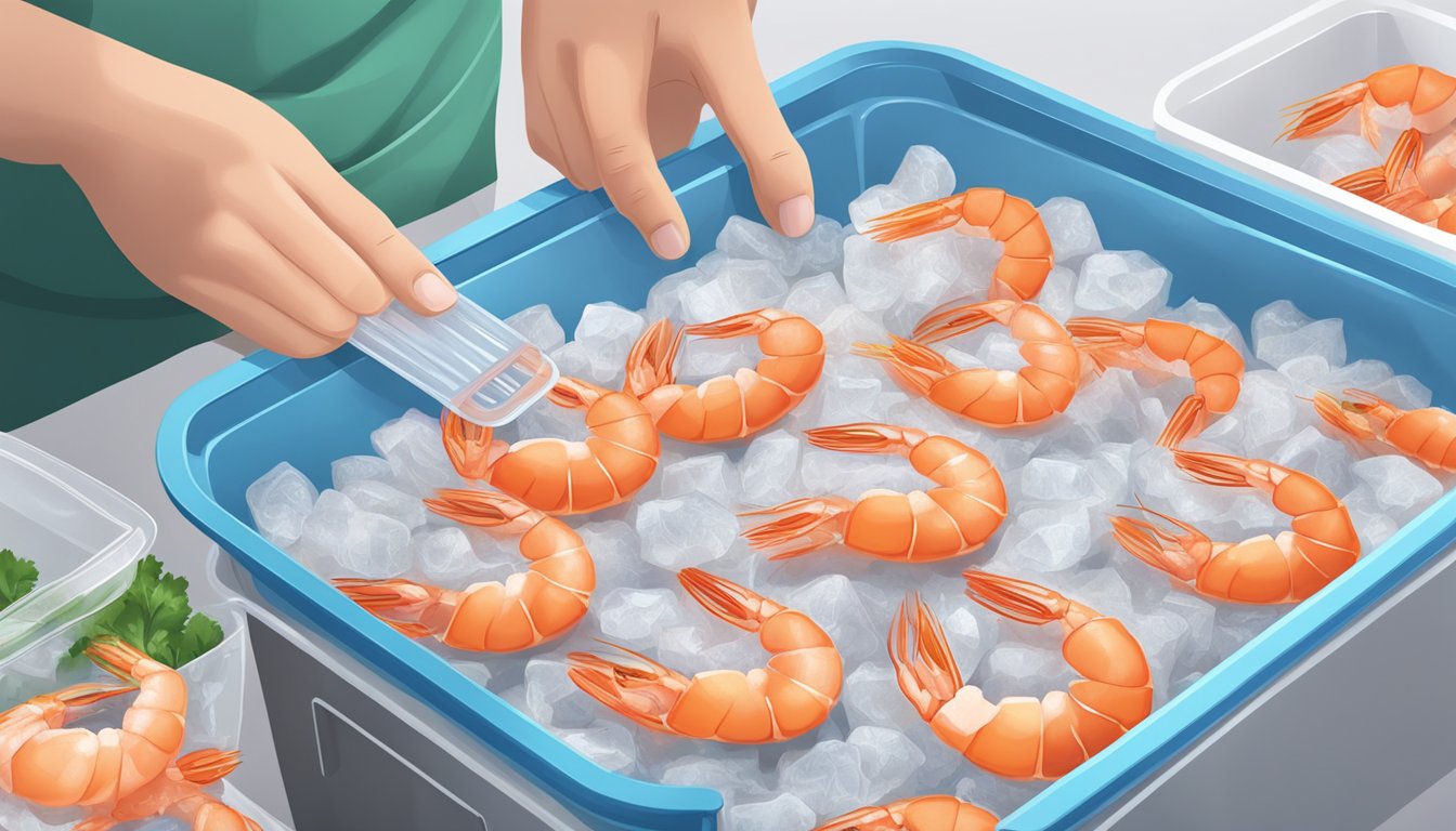 A hand pouring cooked shrimp into a plastic freezer bag, sealing it, and placing it in the freezer