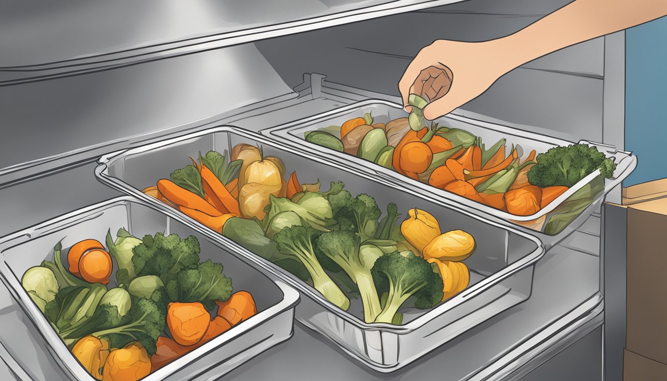 Roasted vegetables in airtight containers being placed in a freezer. Later, the containers are taken out and vegetables are being reheated in an oven