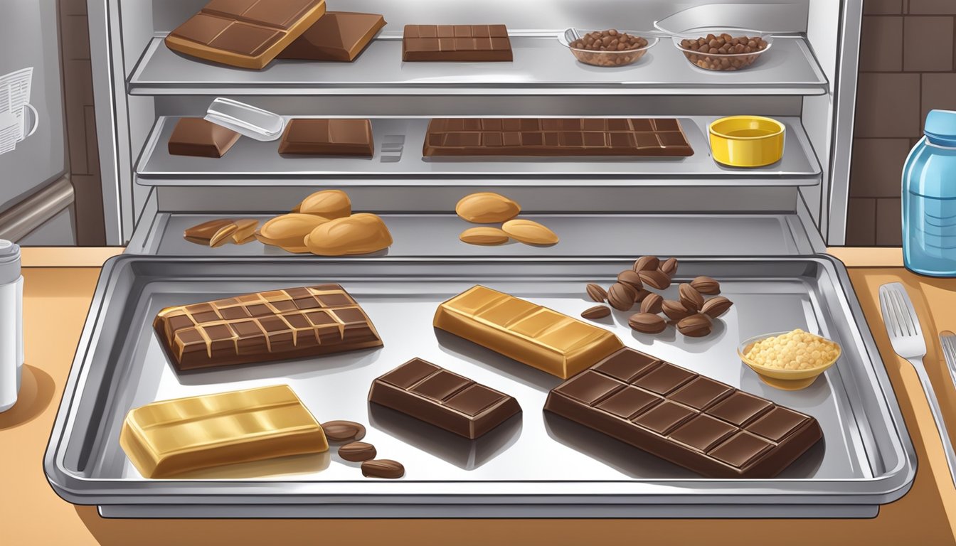 A chocolate bar wrapped in foil sits on a baking sheet in a freezer, surrounded by various baking ingredients and utensils