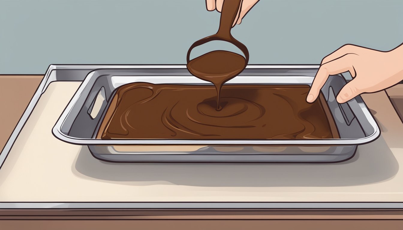 A hand pouring melted chocolate onto a baking sheet, spreading it out evenly before placing it in the freezer