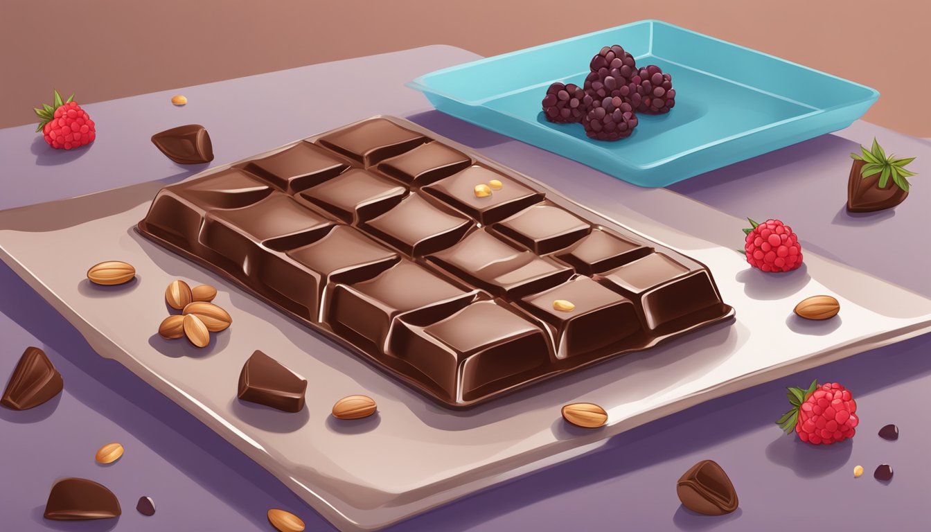 A chocolate bar placed on a baking sheet, surrounded by frozen berries and nuts, with a container of melted chocolate nearby