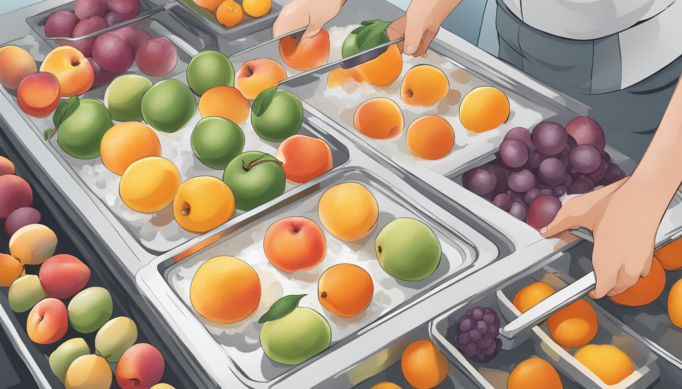 Ripe stone fruits being washed, sliced, and placed on a tray before being frozen