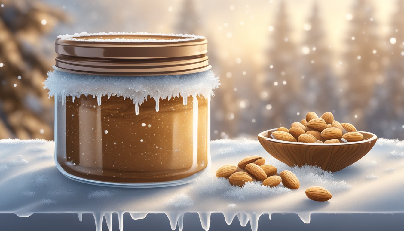 A jar of nut butter sits in the freezer, surrounded by frost. Ice crystals form on the surface as the creamy spread solidifies