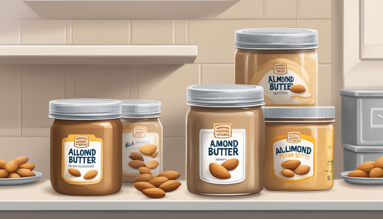 A jar of almond butter being placed in a freezer next to jars of peanut and cashew butter