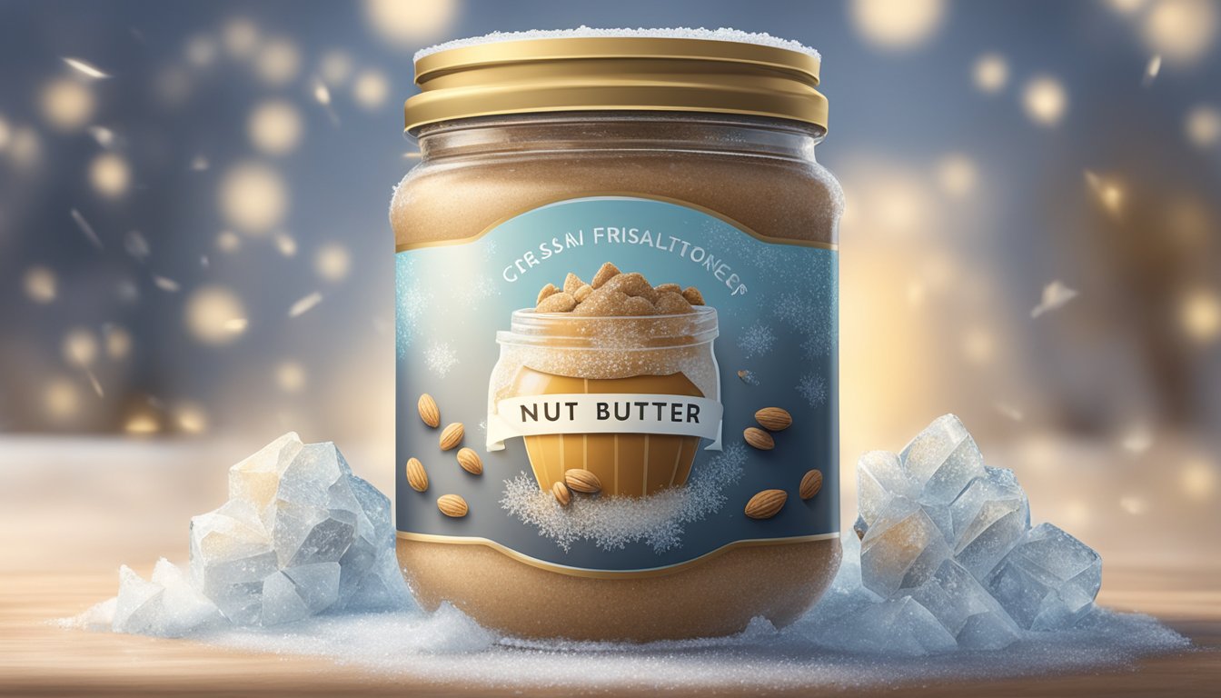 A jar of nut butter sits in a freezer, surrounded by frost. Ice crystals form on the lid as the creamy contents solidify