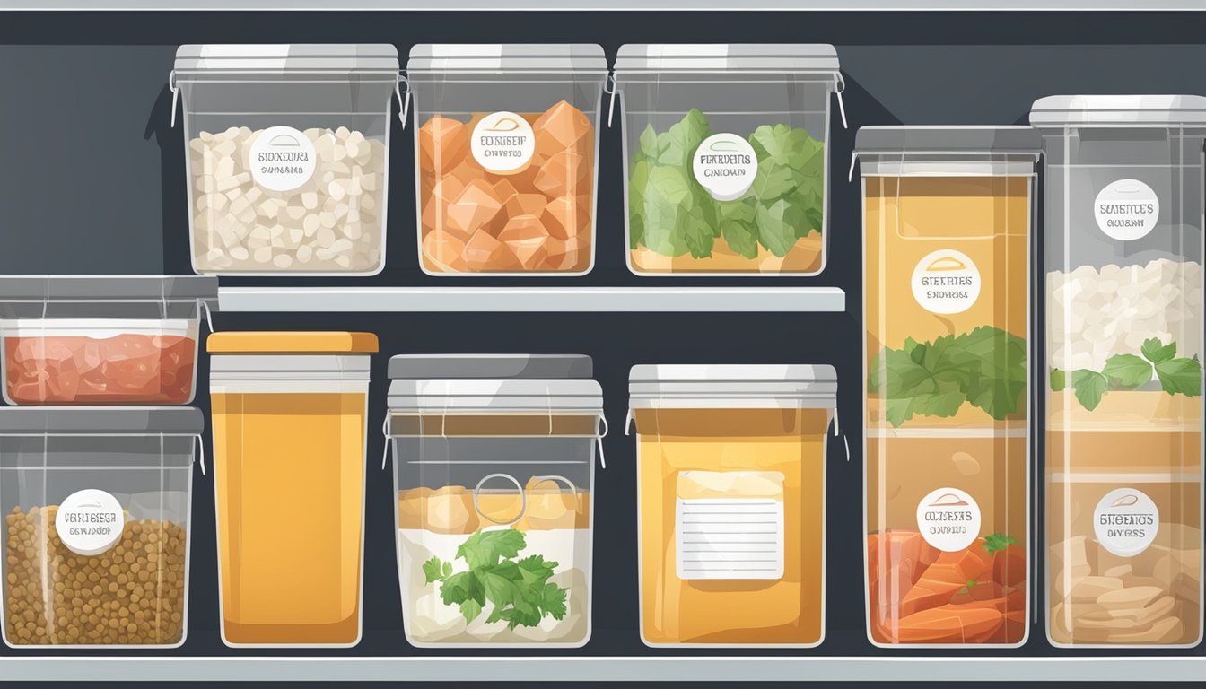 A variety of containers filled with homemade stocks and broths, labeled and sealed, placed in a freezer