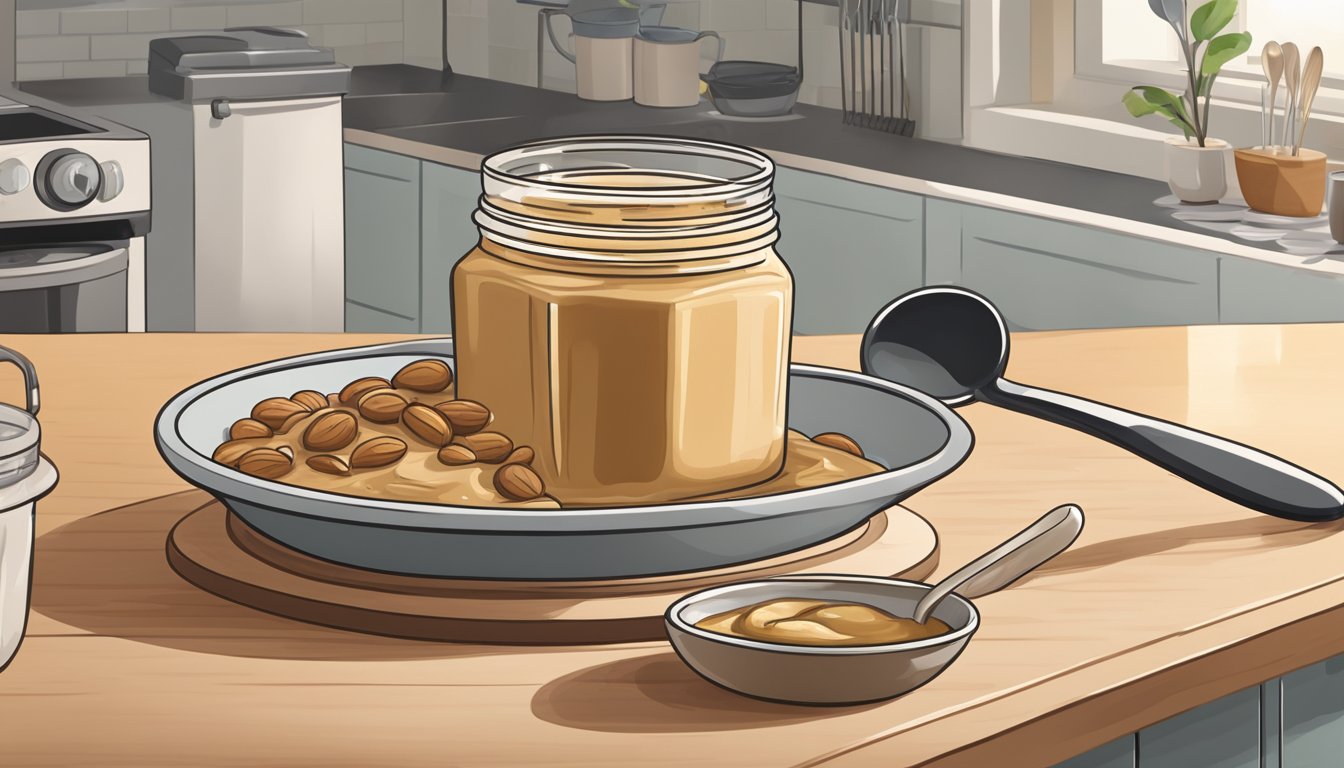 A jar of frozen nut butter sits on a kitchen counter, surrounded by a bowl of warm water and a spoon. The creamy butter slowly begins to thaw as it absorbs the heat