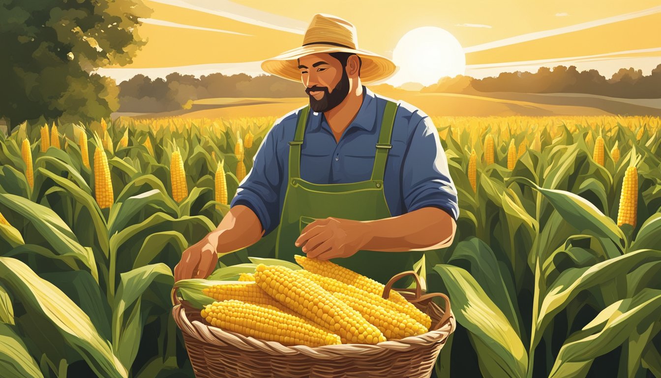 A farmer carefully selects fresh corn from the field, while a basket of corn on the cob sits nearby. The sun shines down, casting a warm, summer glow over the scene