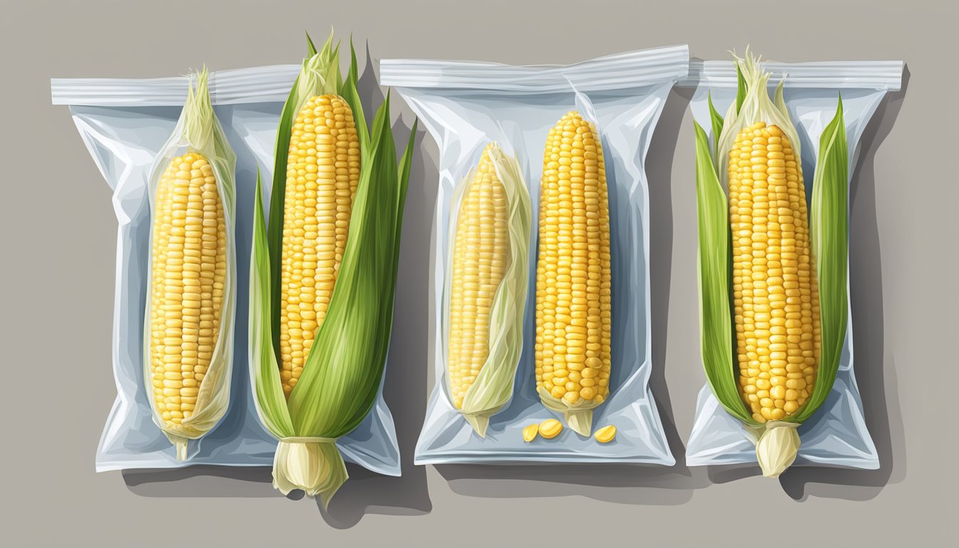 Fresh corn on the cob wrapped in plastic wrap, placed in a freezer bag, and stored in the freezer