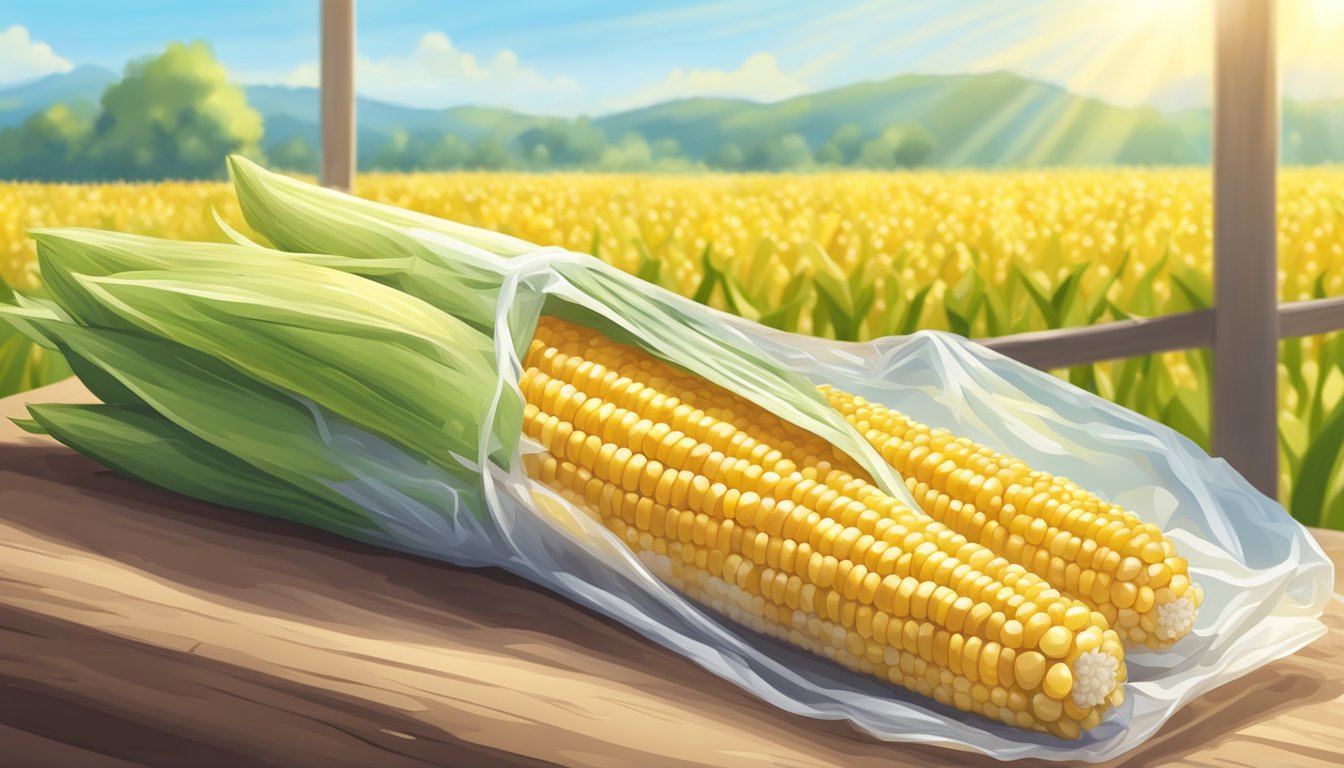 A bundle of fresh corn on the cob being wrapped in plastic wrap and placed in the freezer, with a sunny summer backdrop