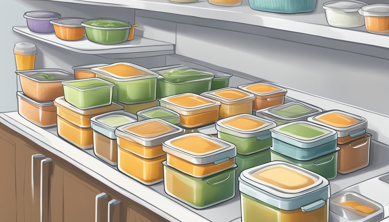 A clean kitchen counter with labeled, airtight containers of homemade baby food being placed into the freezer