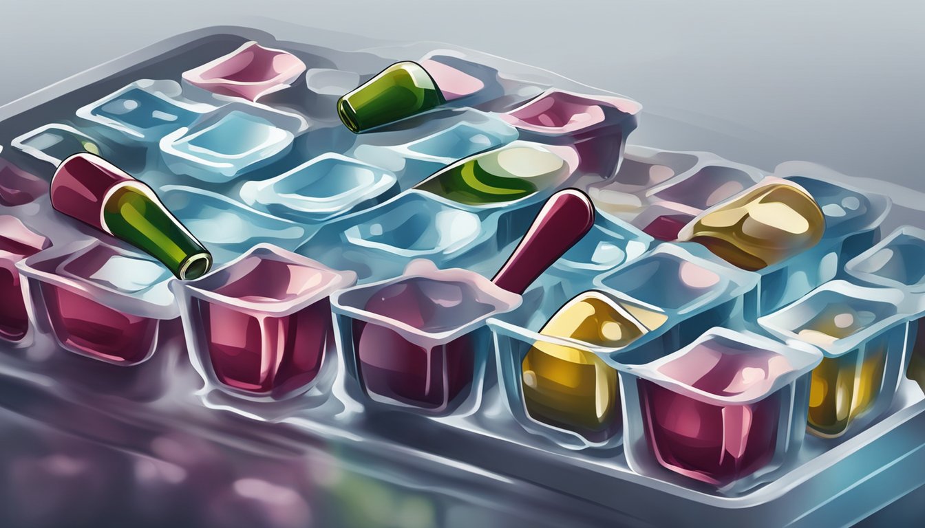 A bottle of wine is partially poured into an ice cube tray. The tray is then placed in the freezer, with the wine slowly solidifying into small cubes