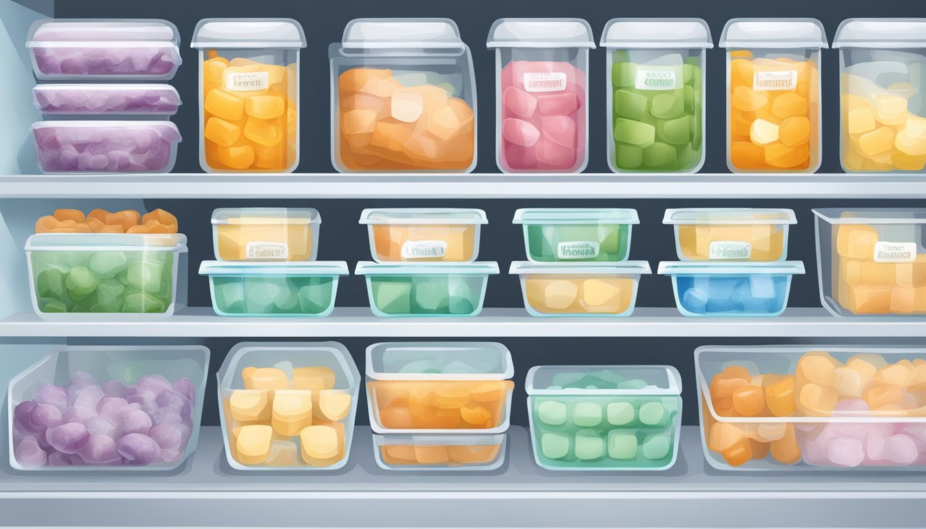 Frozen baby food containers neatly arranged in a labeled freezer drawer, surrounded by ice packs for safe and organized storage