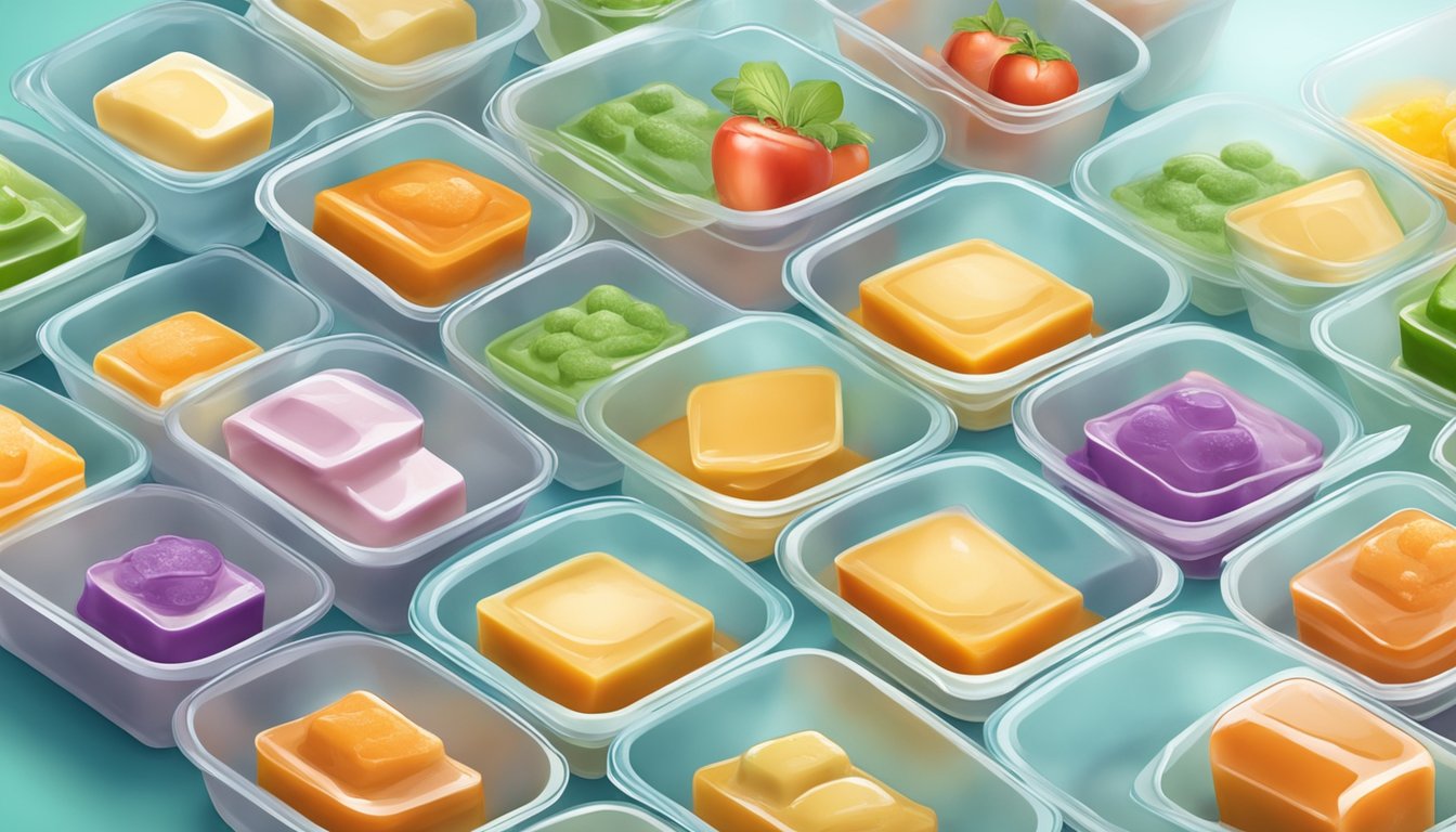 A variety of homemade baby food purees are being carefully poured into individual ice cube trays and covered with plastic wrap before being placed in the freezer