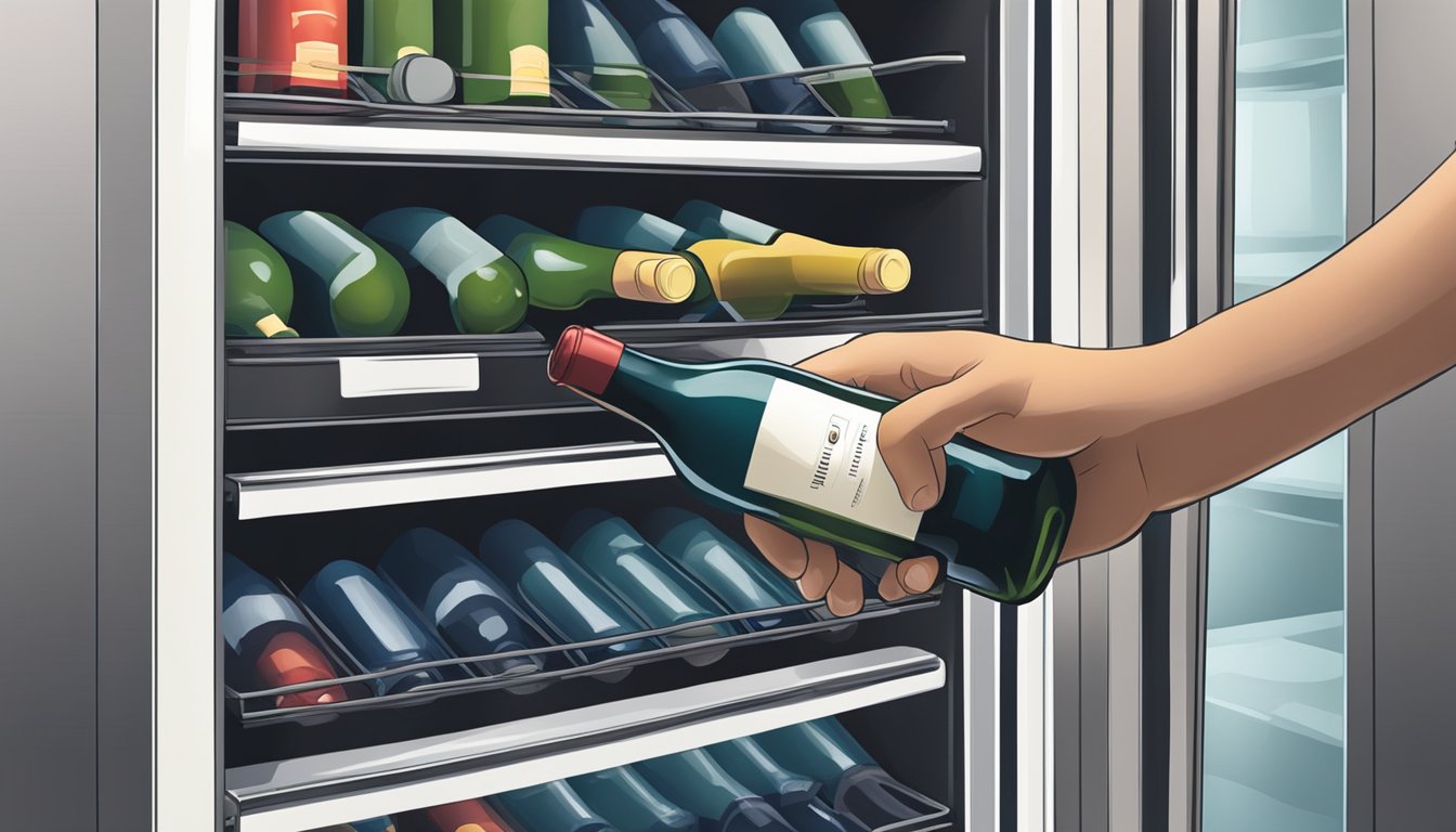 A hand placing a bottle of wine into a freezer