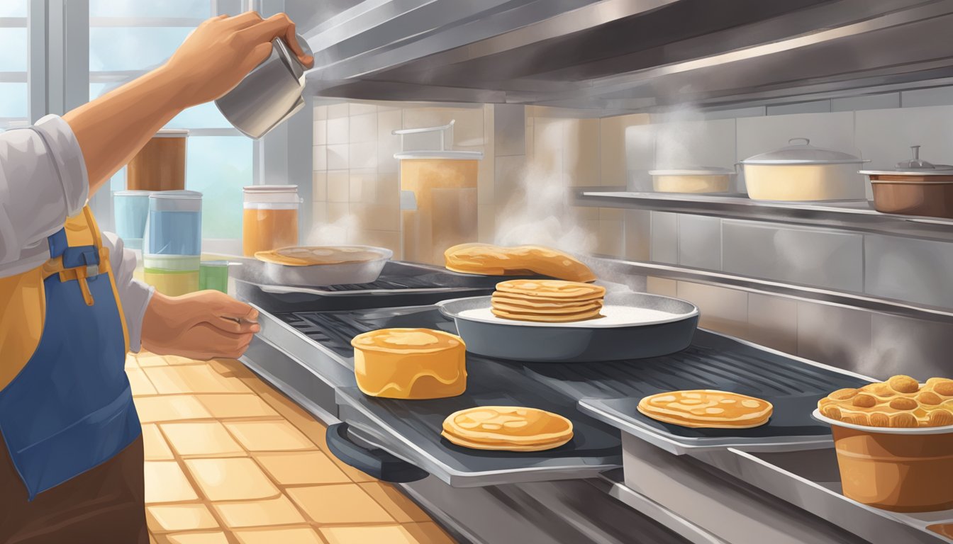 A hand pouring batter onto a sizzling griddle, with a stack of pancakes and waffles in the background, and a freezer door ajar