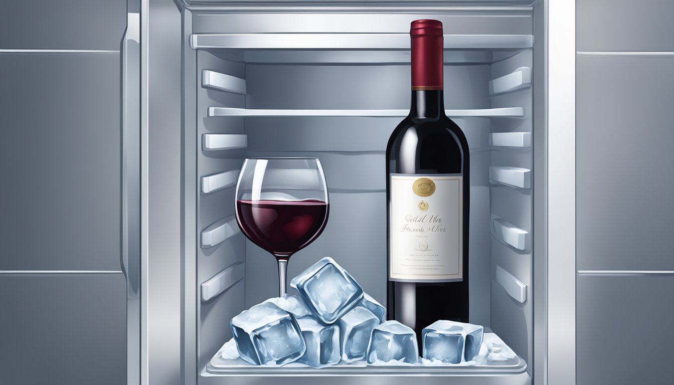 A glass bottle of red wine sits in a freezer, with ice forming around the edges. A small portion of the wine has been poured into an ice cube tray, ready to be used for cooking