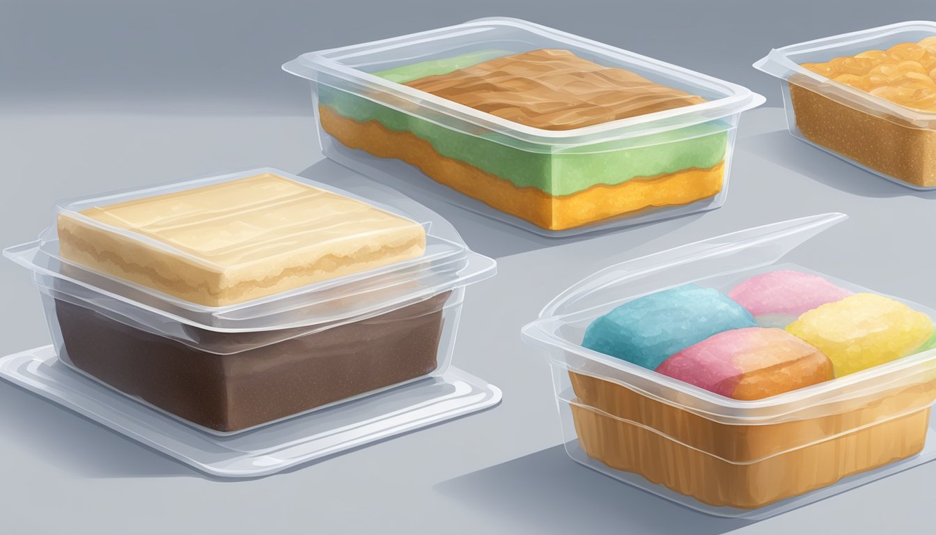 Cake layers being carefully wrapped in plastic wrap, then placed in airtight containers before being placed in the freezer