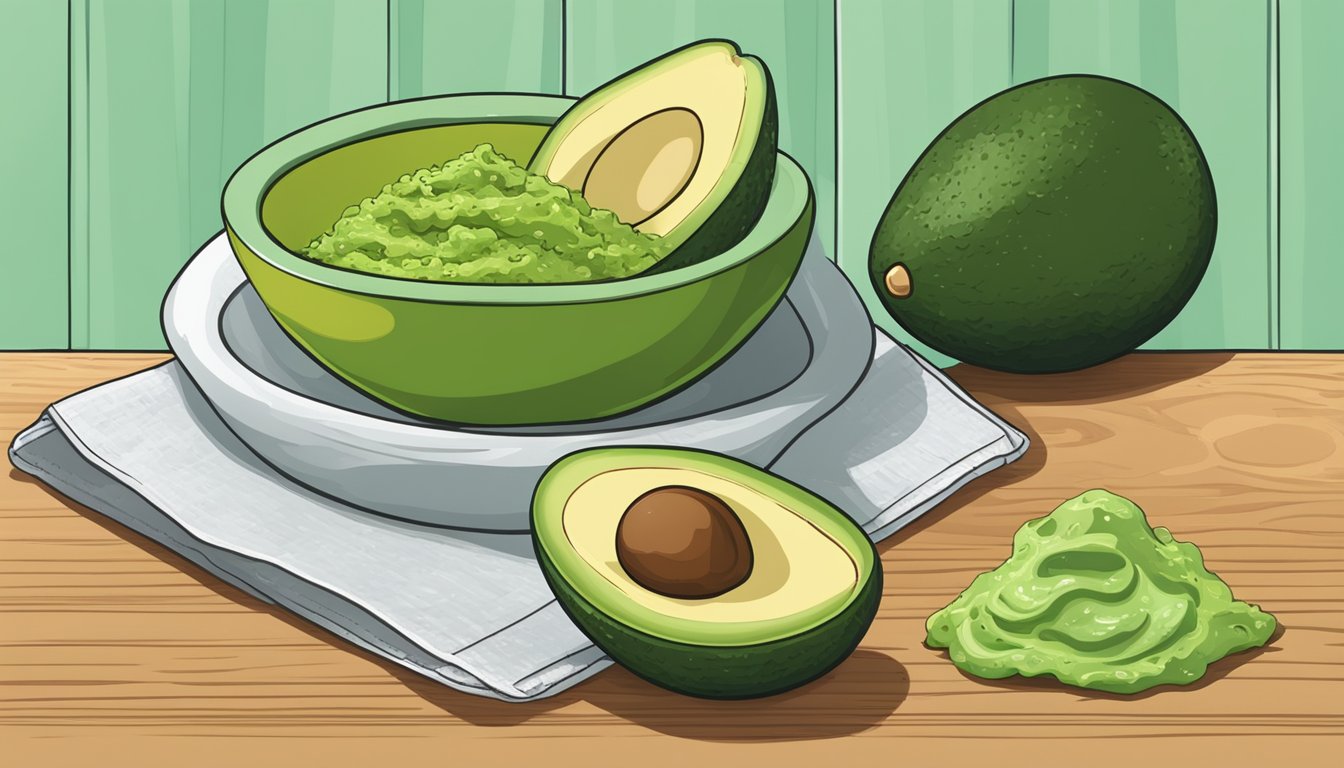 Two avocado halves on a cutting board, surrounded by a bowl of guacamole and a freezer bag