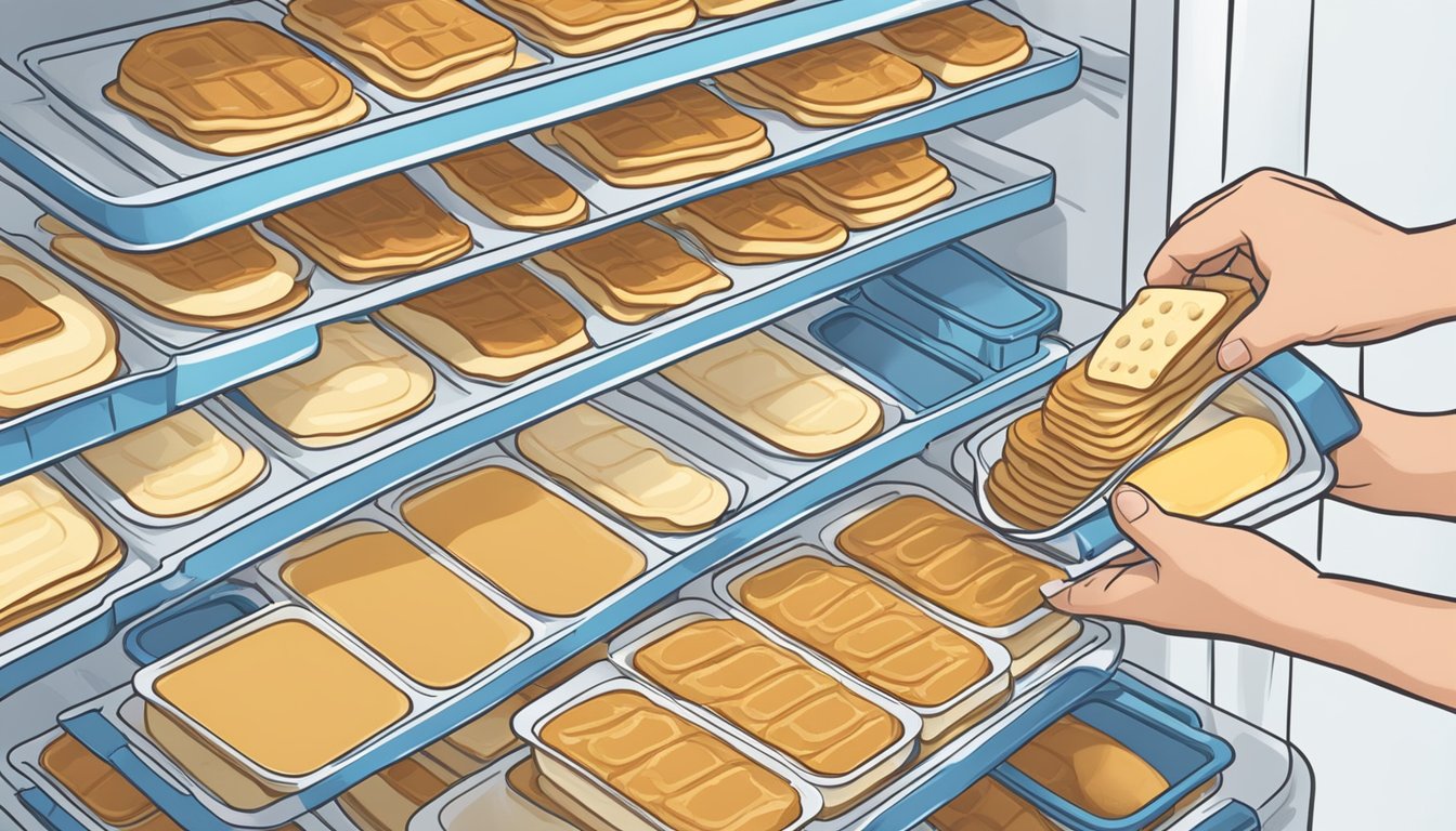 A hand placing pancakes and waffles into labeled, airtight containers in a freezer