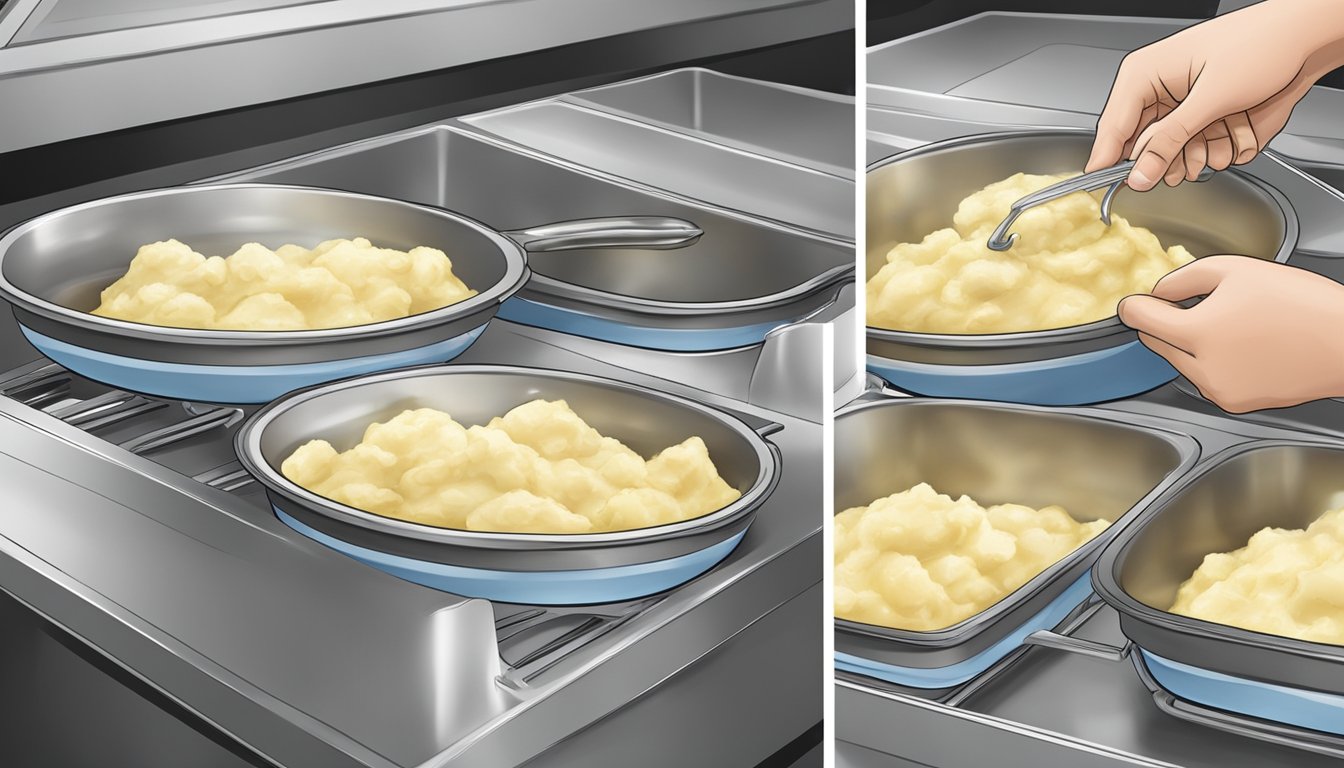 Airtight container of mashed potatoes being placed in freezer, then later being reheated in a pot on the stove