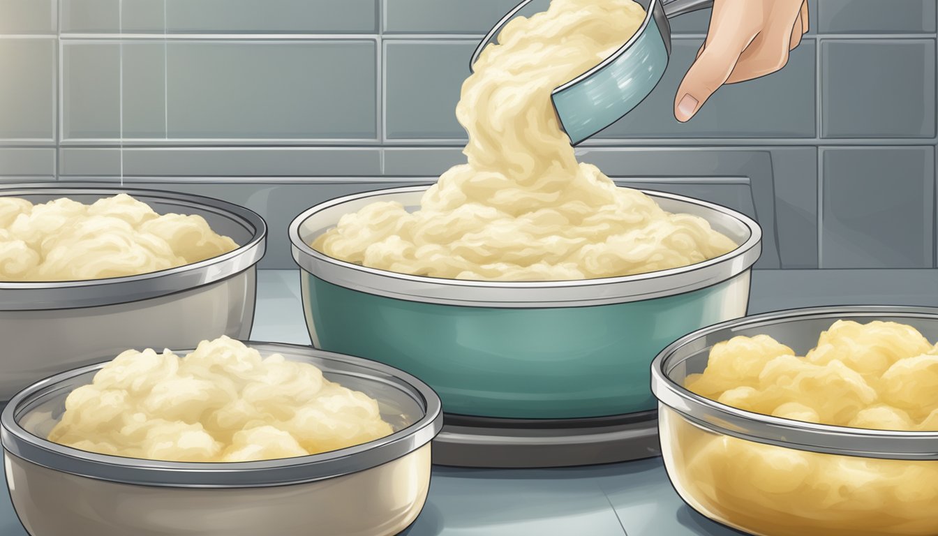 A bowl of creamy mashed potatoes being scooped into airtight containers and placed in the freezer, with steam rising from the warm mixture