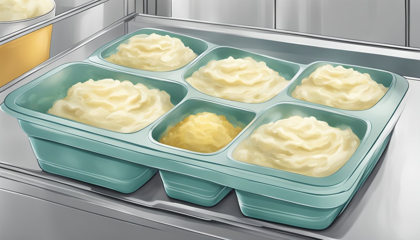 A bowl of creamy mashed potatoes being carefully spooned into airtight containers and placed in the freezer