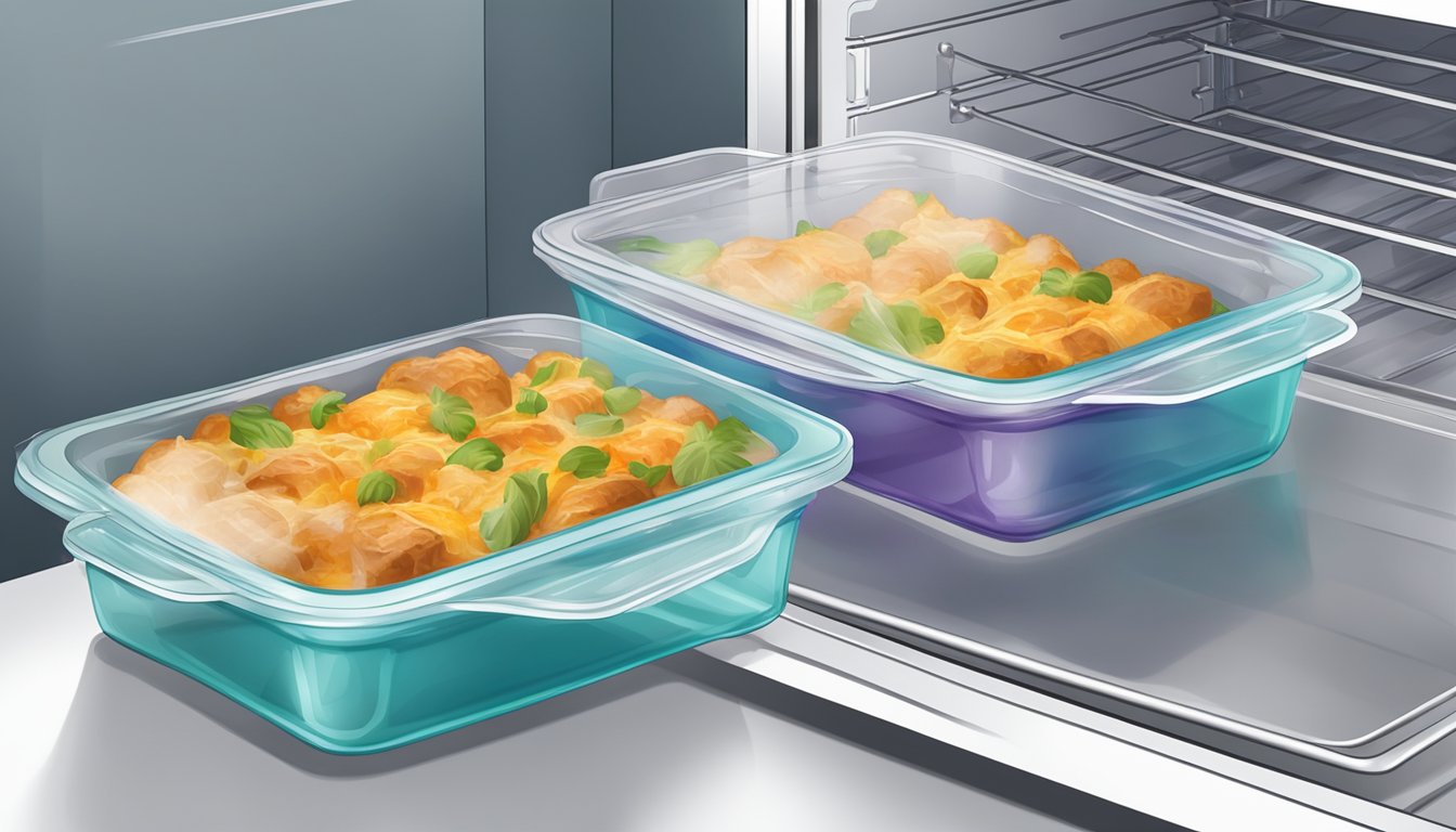 A casserole dish being carefully wrapped in plastic wrap, placed in a freezer, then removed and reheated in an oven