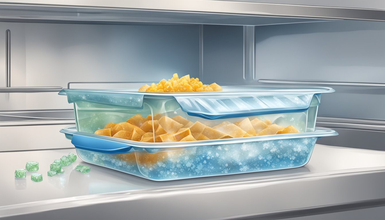 A casserole dish being carefully wrapped in plastic wrap and then placed in a freezer, with ice crystals forming on the surface