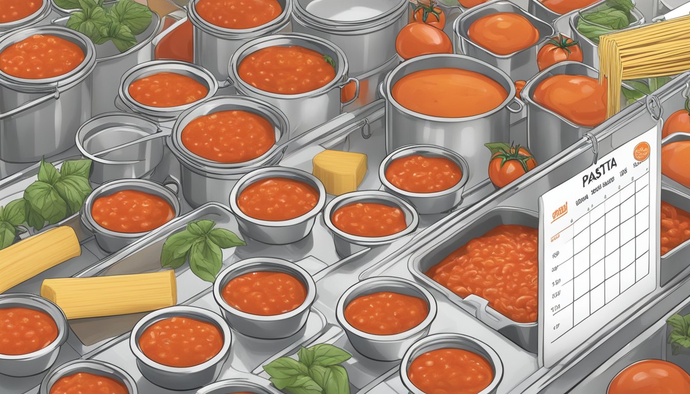 A pot of freshly made tomato sauce being poured into labeled freezer-safe containers. A calendar with "Pasta Night" circled in the background