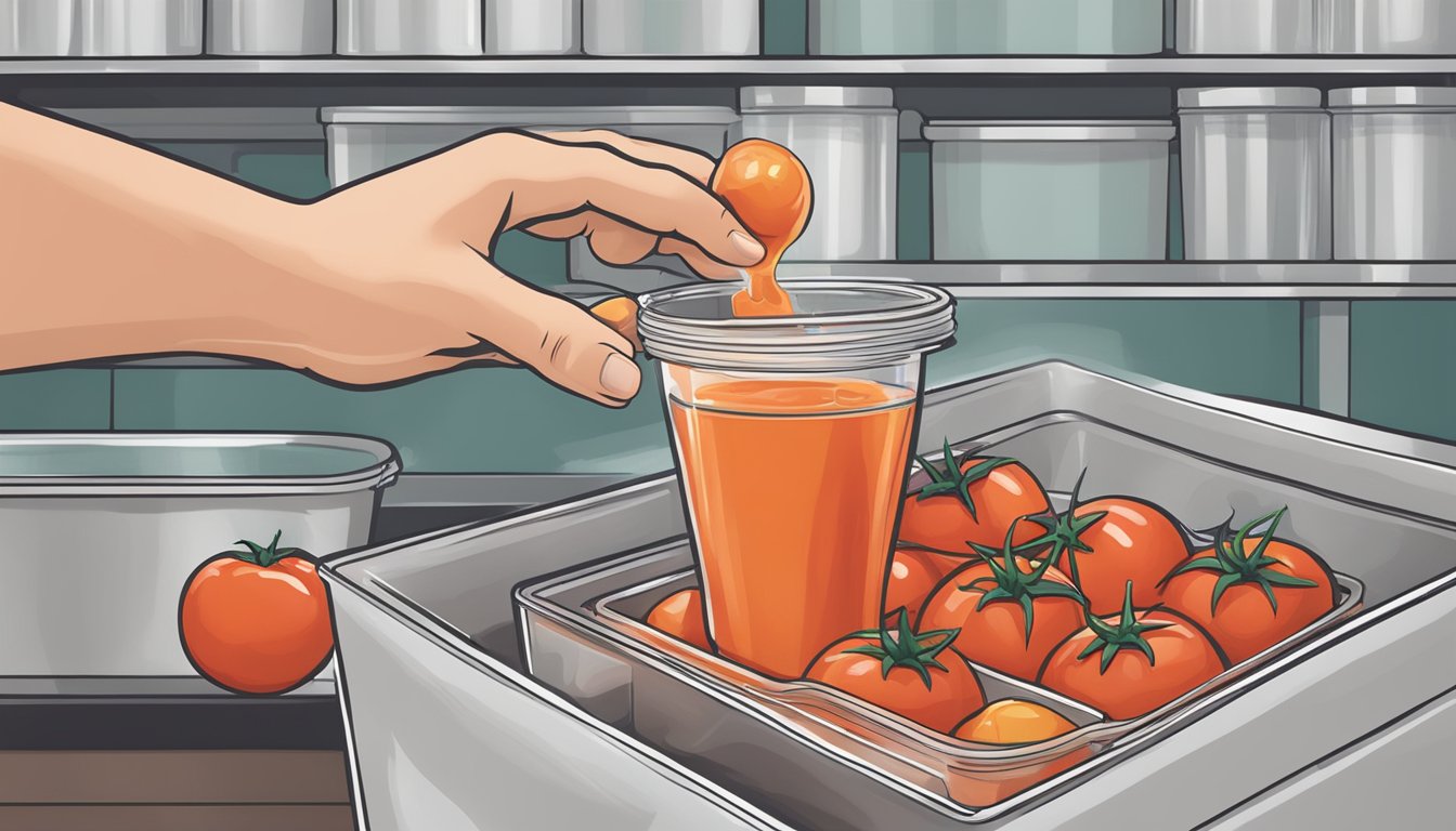 A hand pouring tomato sauce into a labeled freezer-safe container