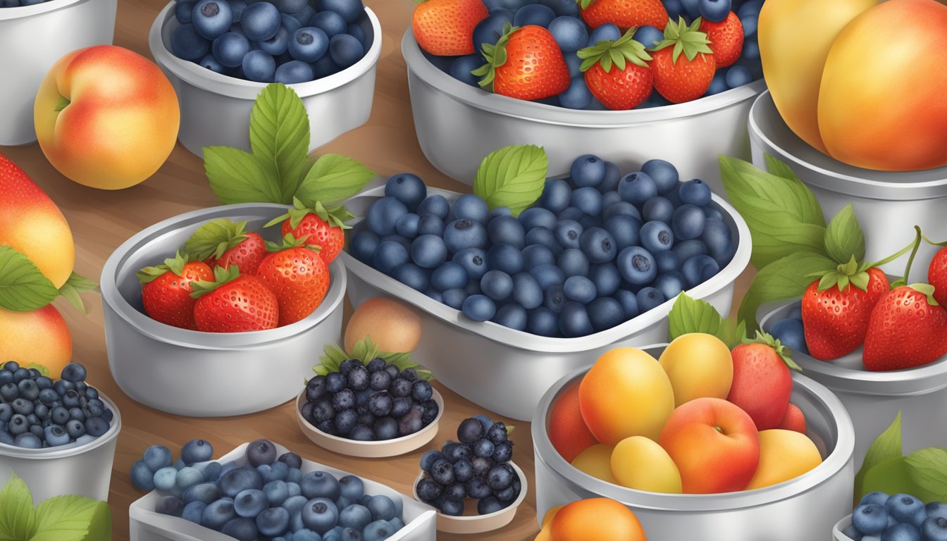 A table filled with assorted summer fruits, such as strawberries, blueberries, and peaches, surrounded by bags and containers for freezing