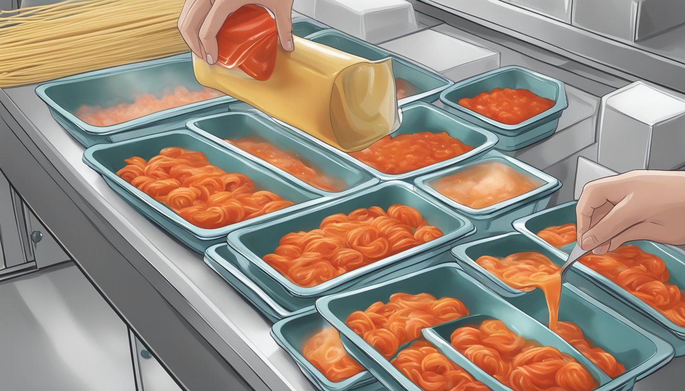 A pot of freshly made tomato sauce being poured into labeled freezer-safe containers, then placed in the freezer next to bags of pasta