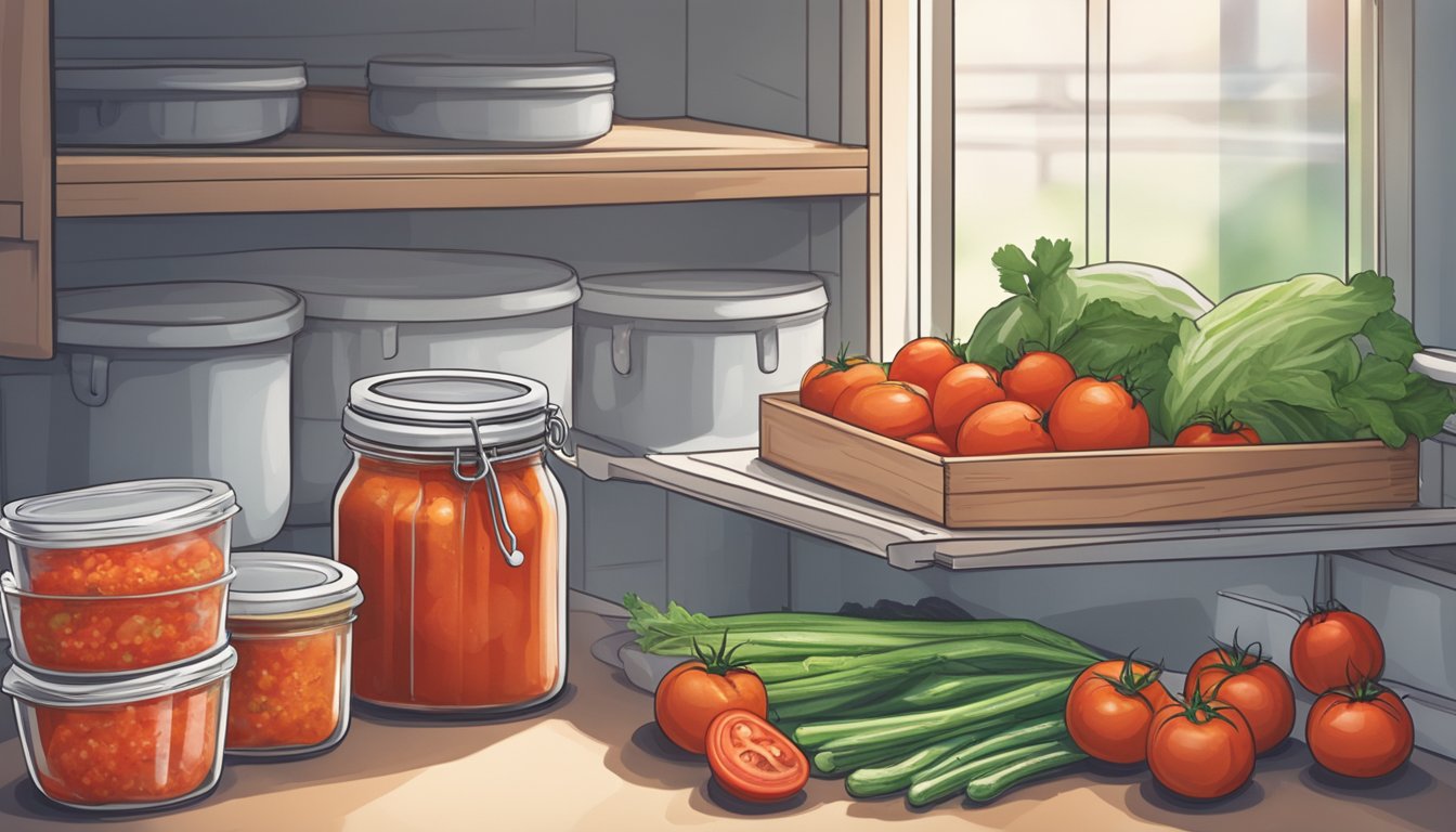 A glass jar filled with homemade tomato sauce is being carefully sealed with a lid and placed in the freezer next to neatly arranged bags of frozen vegetables