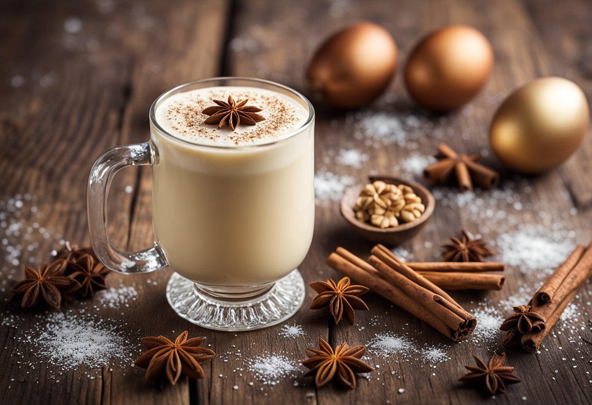 A festive glass of vegan eggnog, garnished with a sprinkle of nutmeg and a cinnamon stick, sits on a rustic wooden table