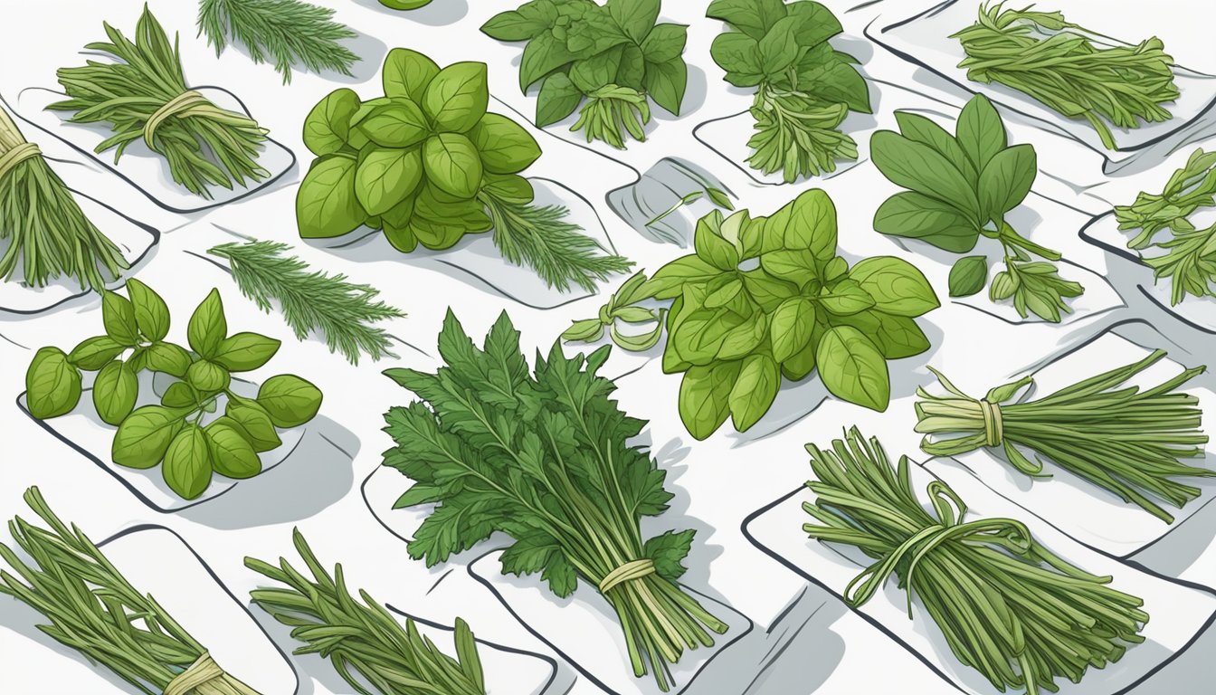 Fresh herbs being carefully plucked, washed, and laid out on a clean towel to dry before being placed in individual freezer bags for long-term storage