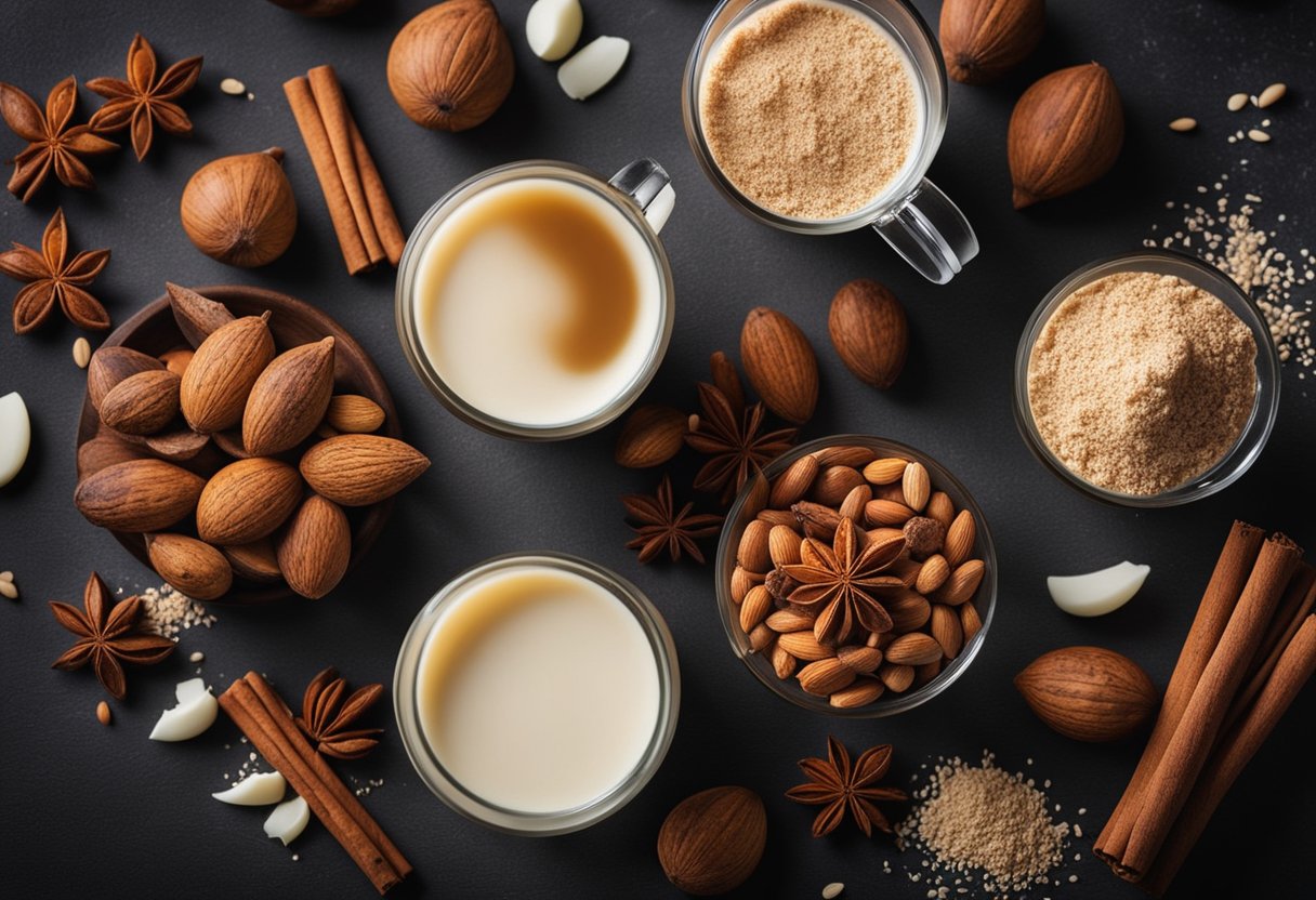 A table with a variety of plant-based ingredients like almond milk, nutmeg, vanilla, and cinnamon laid out for a vegan eggnog recipe