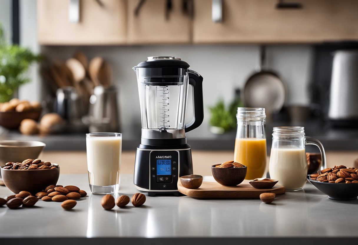 A kitchen counter with a blender, measuring cups, and ingredients such as almond milk, dates, nutmeg, and vanilla extract