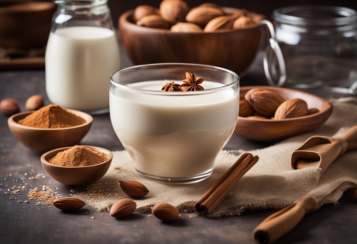 A table with ingredients: almond milk, nutmeg, cinnamon, and vanilla extract. A whisk and a mixing bowl sit ready for preparation