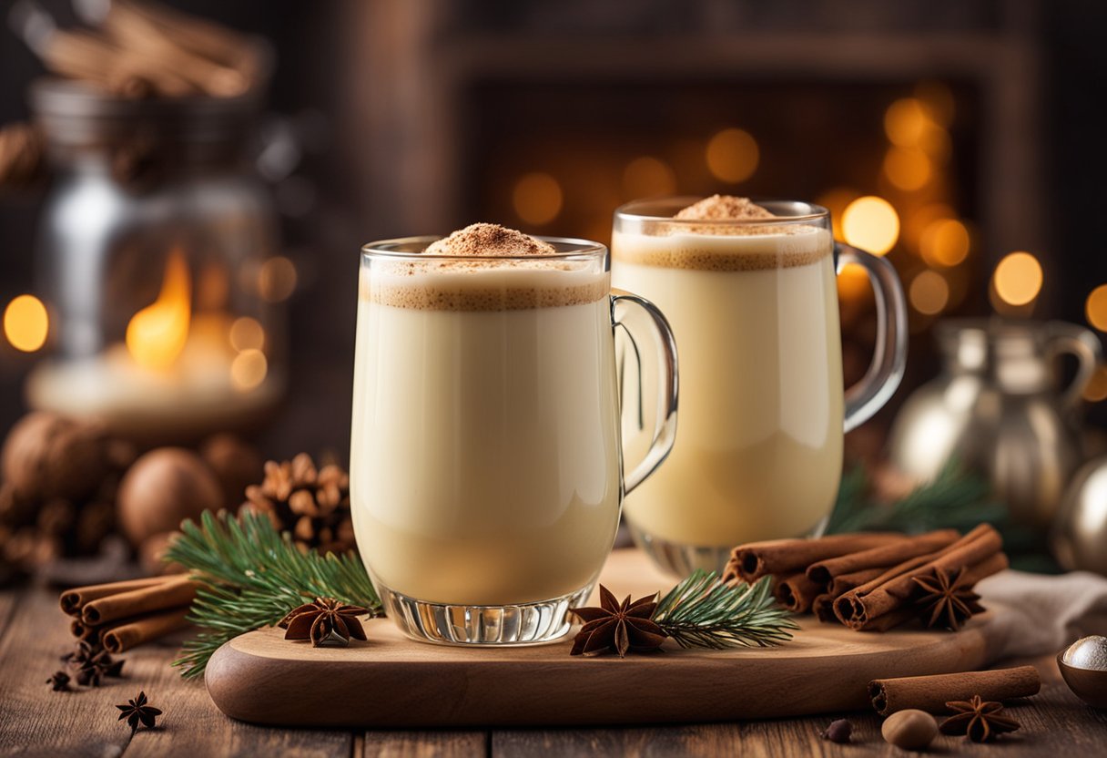 A festive glass of vegan eggnog sits on a wooden table, surrounded by cinnamon sticks and nutmeg, with a cozy kitchen in the background