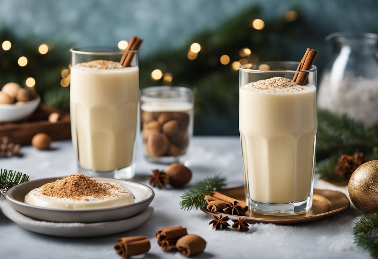 A festive table with a glass of vegan eggnog surrounded by ingredients like nutmeg, cinnamon, and coconut milk