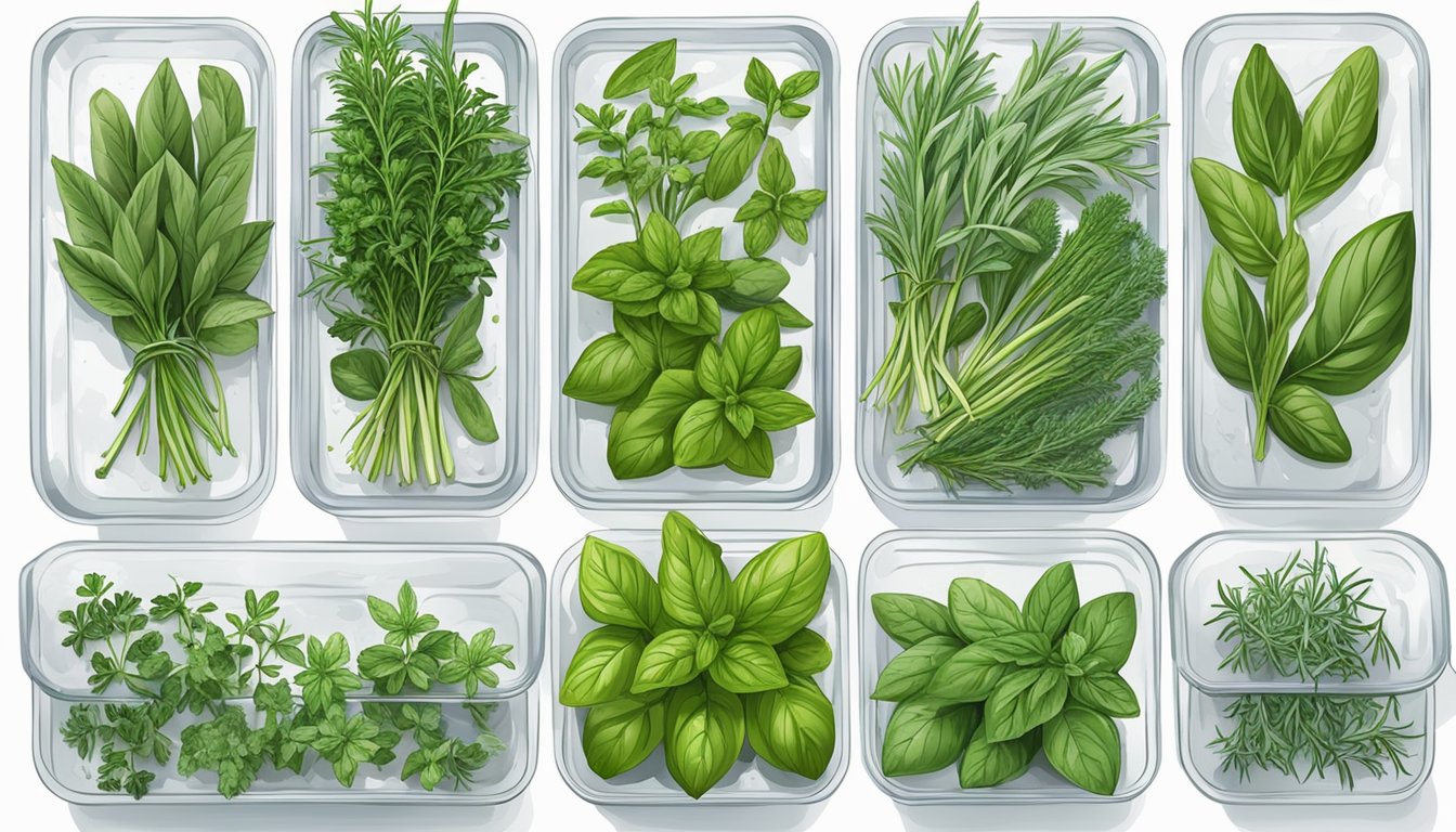 Fresh herbs being harvested and placed into ice cube trays, covered with water, and placed in the freezer. A variety of herbs such as basil, rosemary, and thyme are being prepared for long-term storage