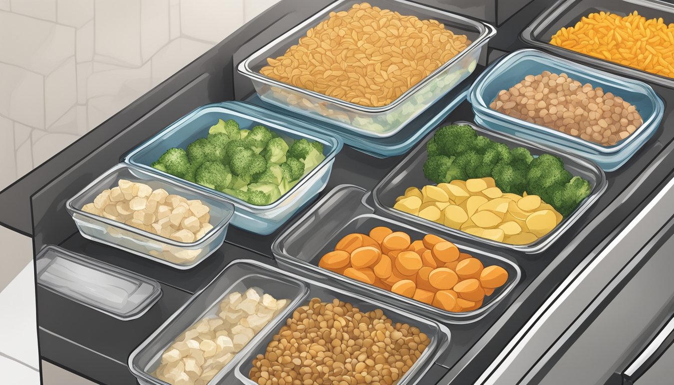 A kitchen counter with organized containers of frozen meals, labeled and ready for busy weeknights