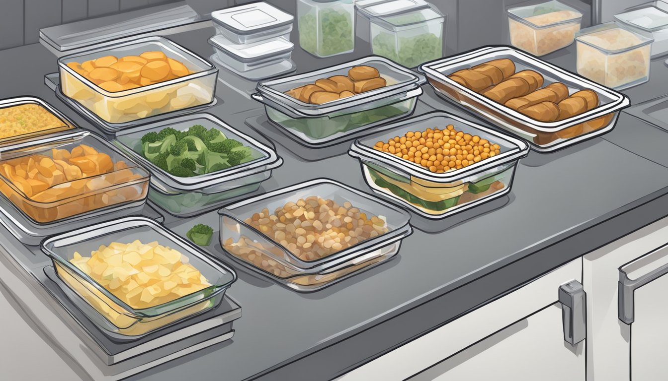 A kitchen counter with organized containers of frozen meals, labeled and ready for busy weeknights